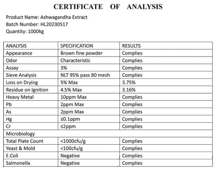 COA Ashwagandha Extract 3%